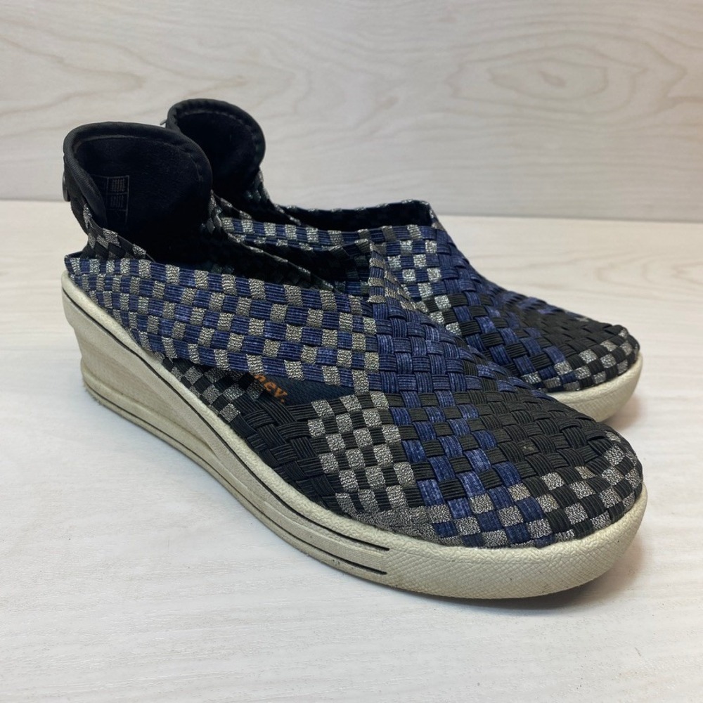 Bernie Mev Womens 36 Woven Wedge Sneakers Slip On Navy Silver Metallic Casual